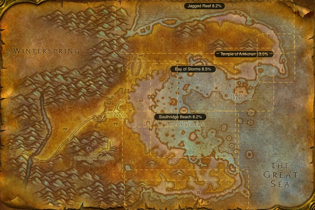 Map of Azshara showing where to fish Big-mouth Clam: 7 named stretches of water