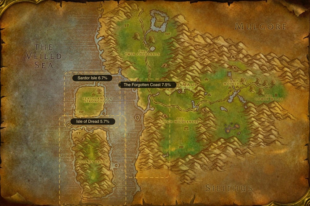 Map of Feralas showing where to fish Big-mouth Clam: 3 named stretches of water