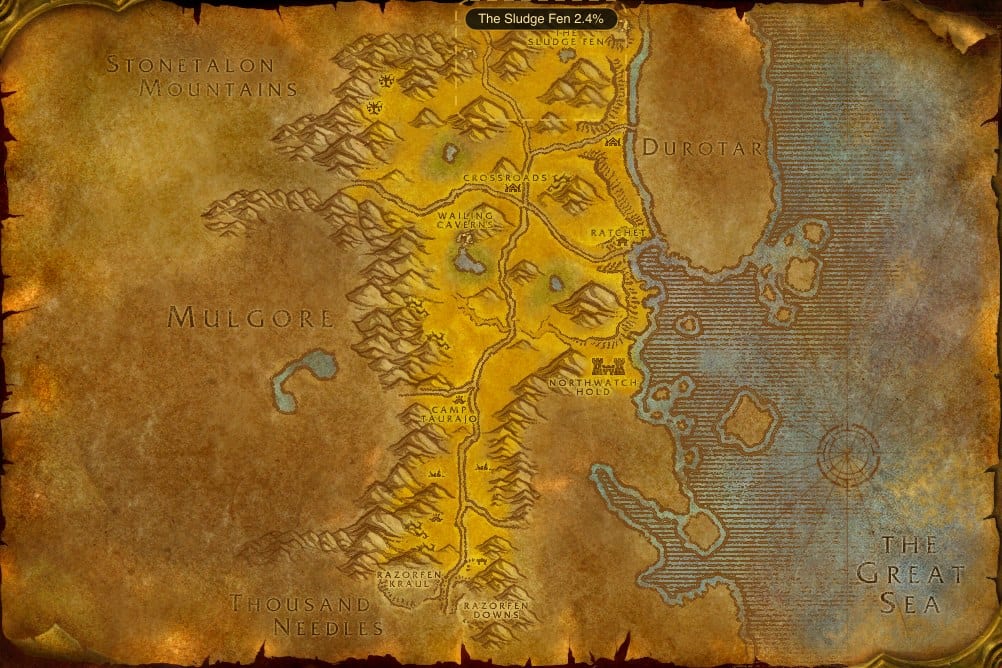 Map of The Barrens showing where to fish Coarse Blasting Powder: one named stretch of water