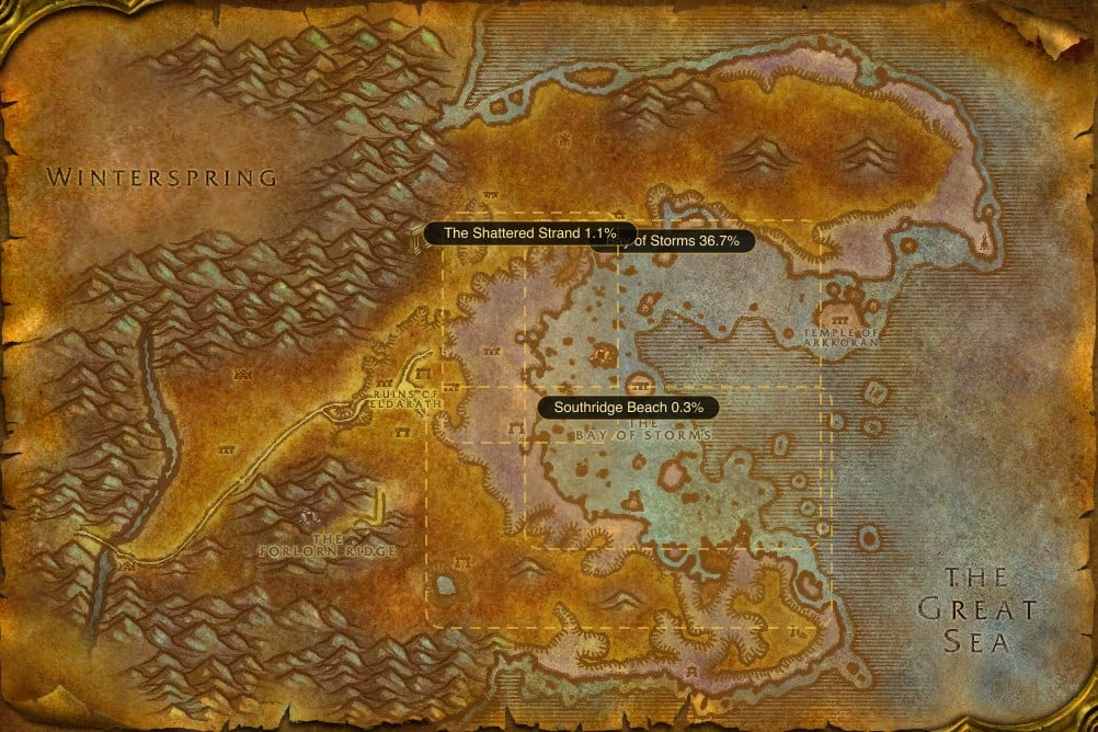 Map of Azshara showing where to fish Darkclaw Lobster: 3 named stretches of water
