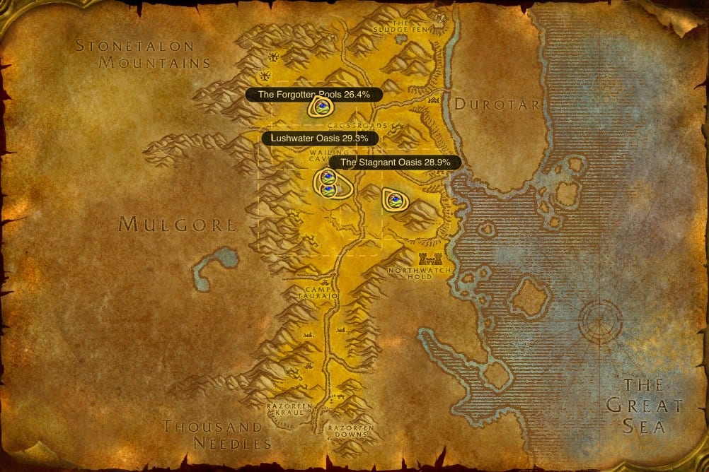 Map of The Barrens showing where to fish Deviate Fish: 16 fishing pools and 3 named stretches of water