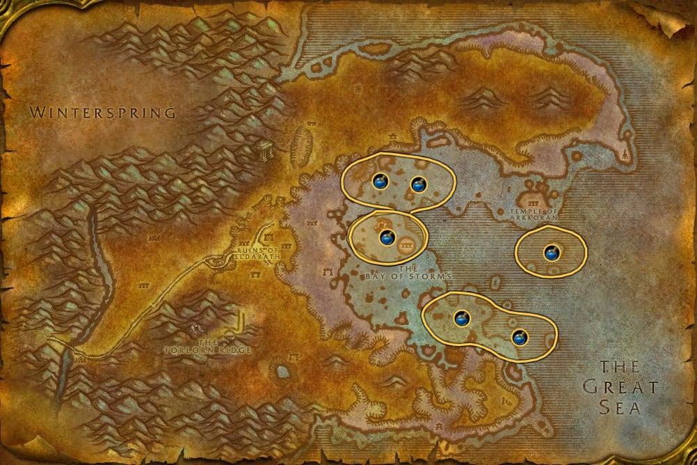 Map of Azshara showing where to fish Elemental Water: 7 fishing pools