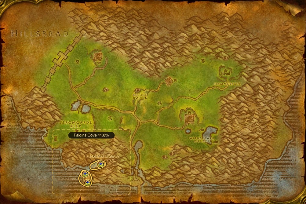Map of Arathi Highlands showing where to fish Firefin Snapper: 5 fishing pools and one named stretch of water