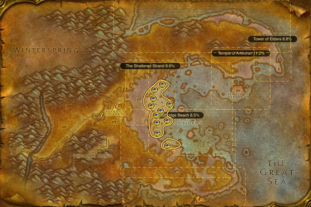 Map of Azshara showing where to fish Firefin Snapper: 16 fishing pools and 7 named stretches of water