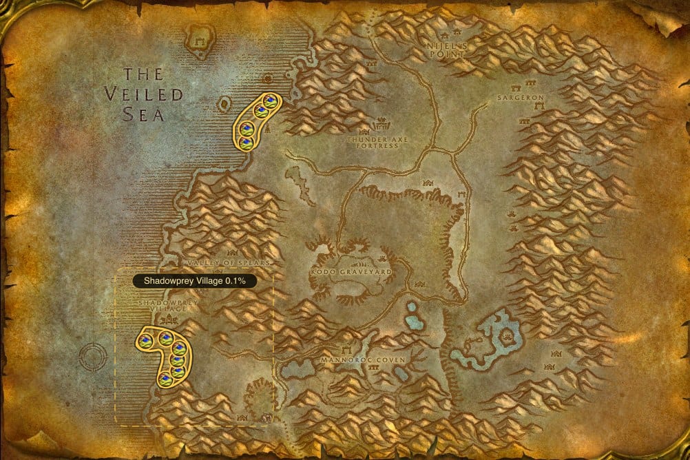 Map of Desolace showing where to fish Firefin Snapper: 21 fishing pools and one named stretch of water