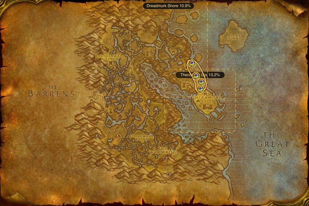 Map of Dustwallow Marsh showing where to fish Firefin Snapper: 9 fishing pools and 2 named stretches of water
