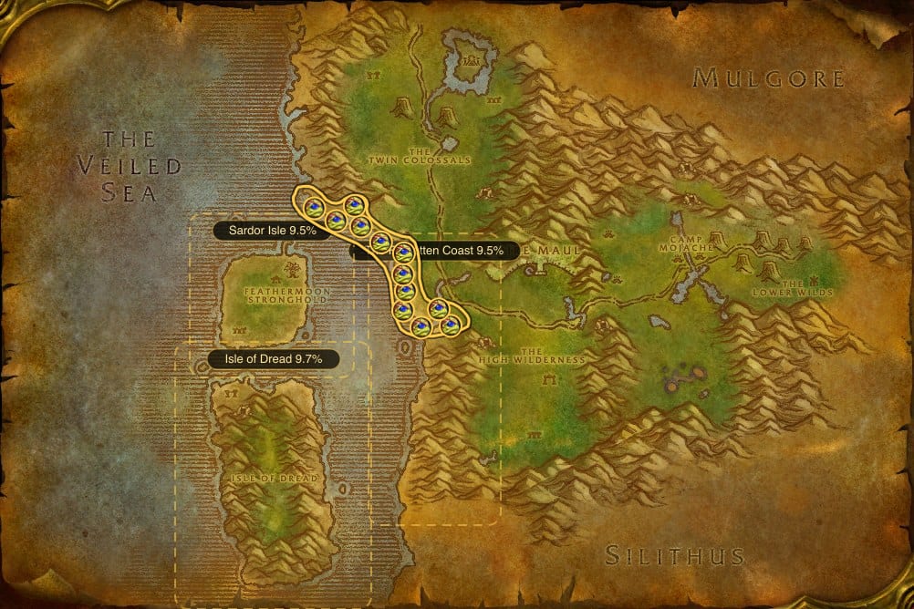Map of Feralas showing where to fish Firefin Snapper: 24 fishing pools and 3 named stretches of water