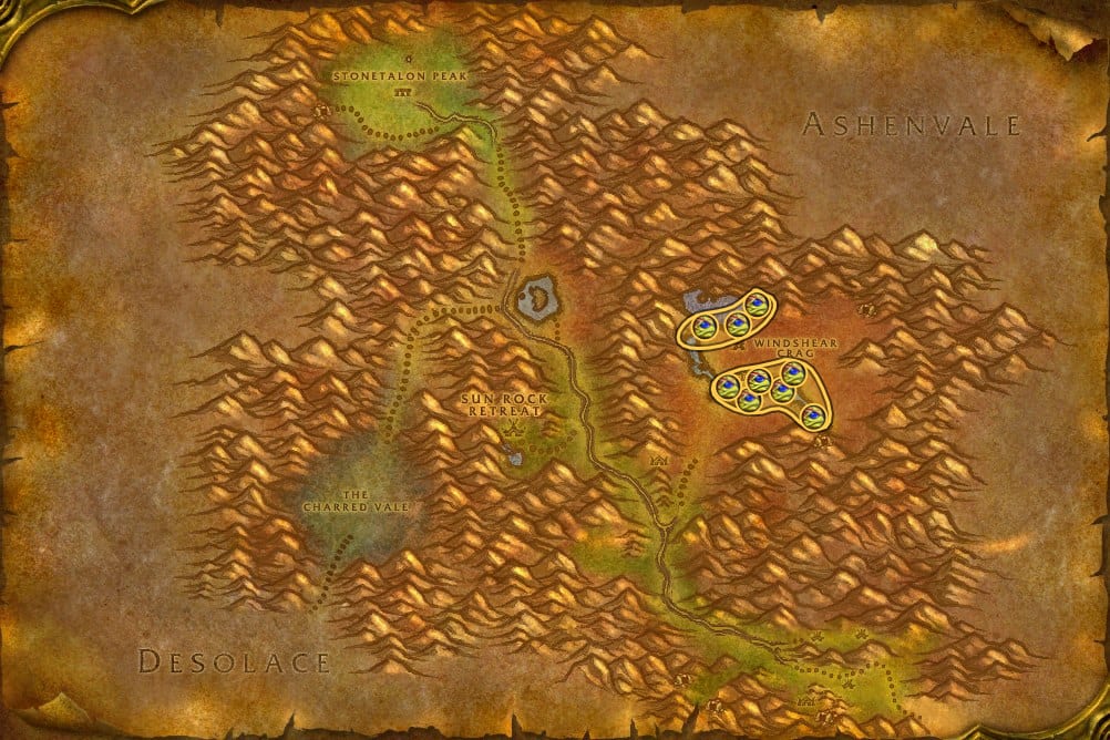 Map of Stonetalon Mountains showing where to fish Firefin Snapper: 14 fishing pools