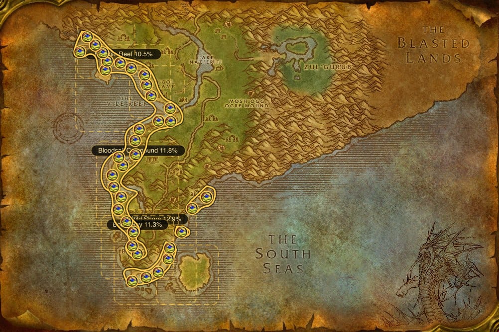 Map of Stranglethorn Vale showing where to fish Firefin Snapper: 72 fishing pools and 7 named stretches of water