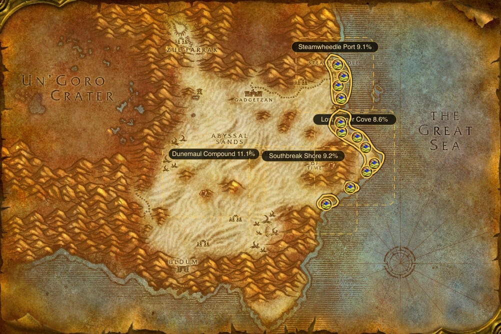 Map of Tanaris showing where to fish Firefin Snapper: 32 fishing pools and 4 named stretches of water