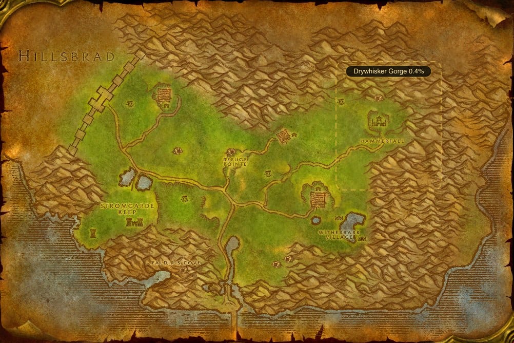 Map of Arathi Highlands showing where to fish Greater Healing Potion: one named stretch of water