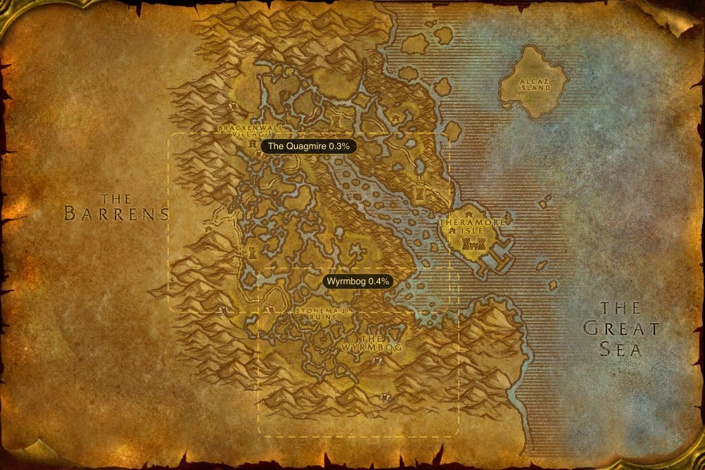 Map of Dustwallow Marsh showing where to fish Greater Healing Potion: 2 named stretches of water