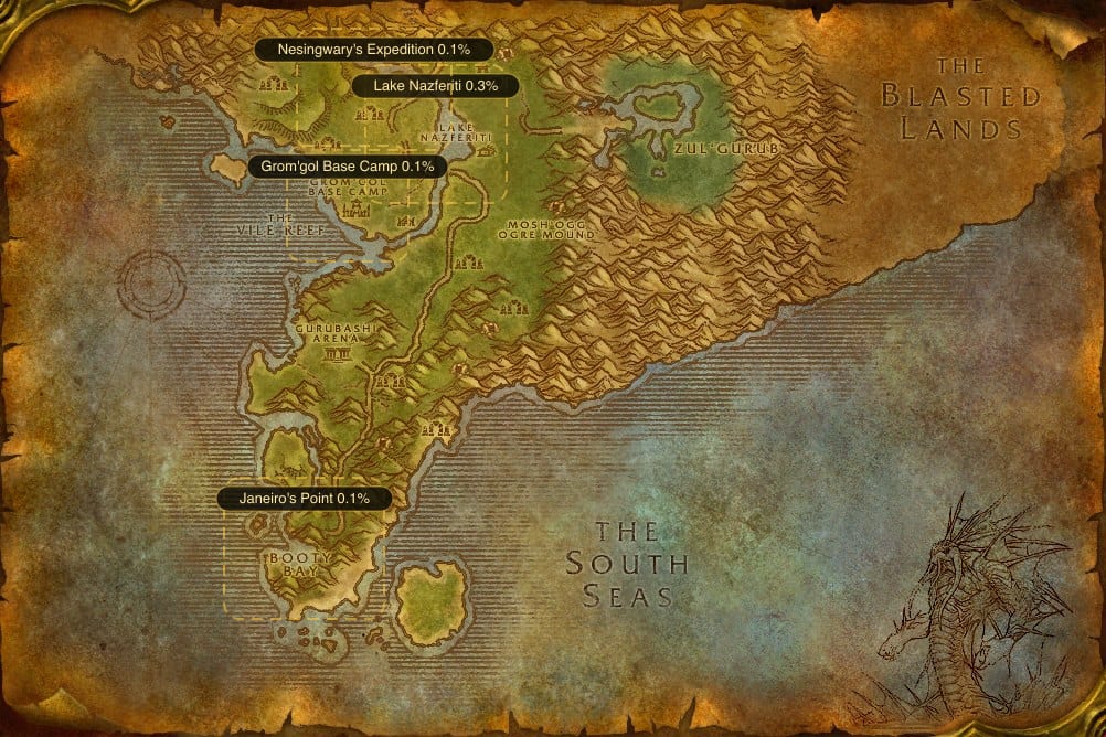 Map of Stranglethorn Vale showing where to fish Greater Healing Potion: 4 named stretches of water
