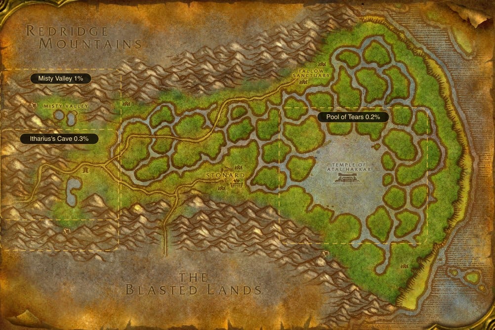 Map of Swamp of Sorrows showing where to fish Greater Healing Potion: 3 named stretches of water