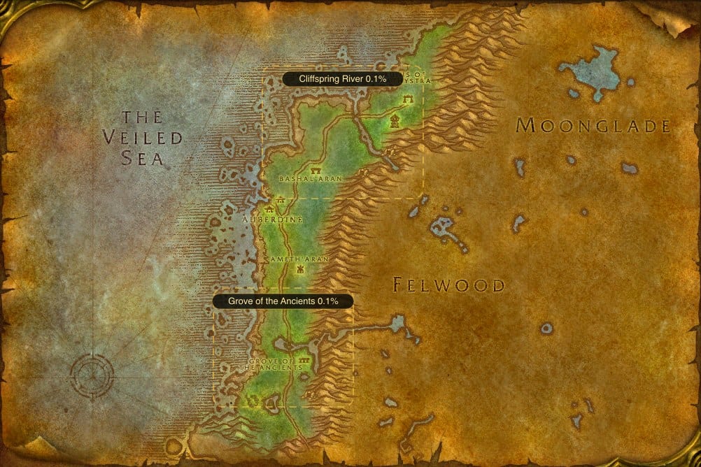Map of Darkshore showing where to fish Lesser Healing Potion: 2 named stretches of water