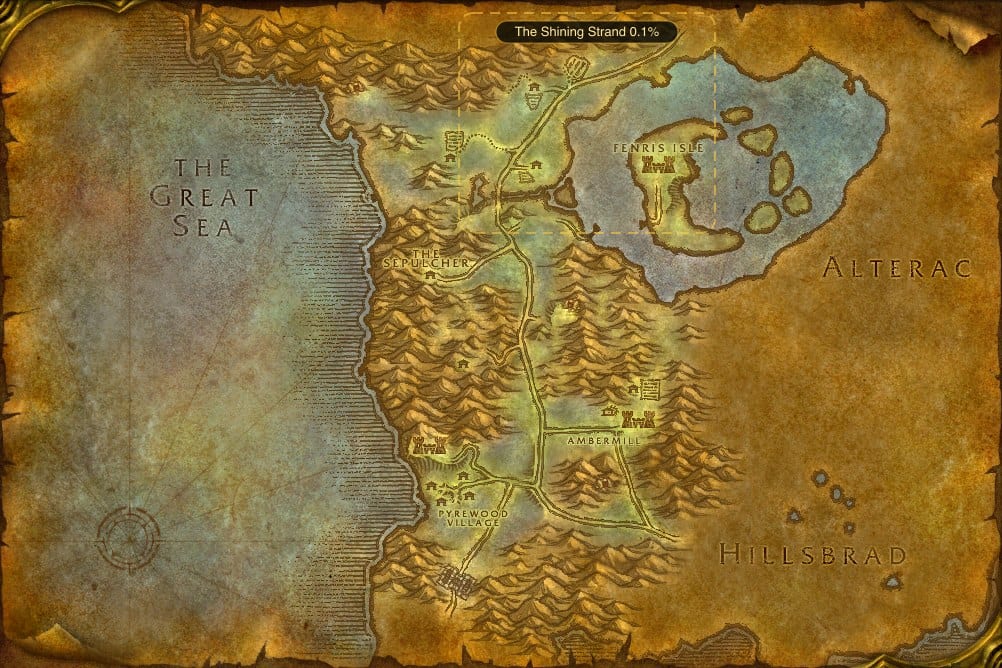Map of Silverpine Forest showing where to fish Lesser Healing Potion: one named stretch of water