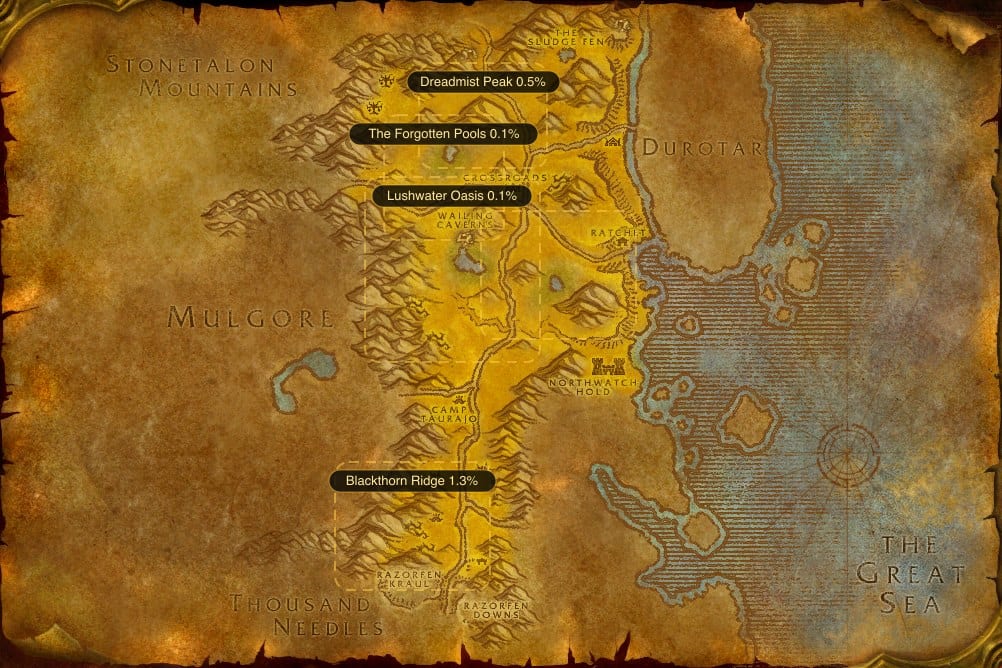 Map of The Barrens showing where to fish Lesser Healing Potion: 5 named stretches of water