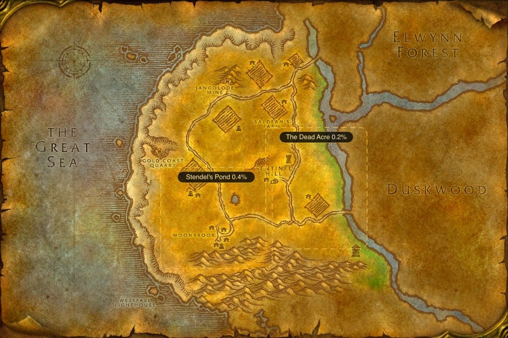 Map of Westfall showing where to fish Lesser Healing Potion: 2 named stretches of water