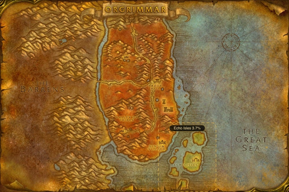 Map of Durotar showing where to fish Lightning Eel: one named stretch of water