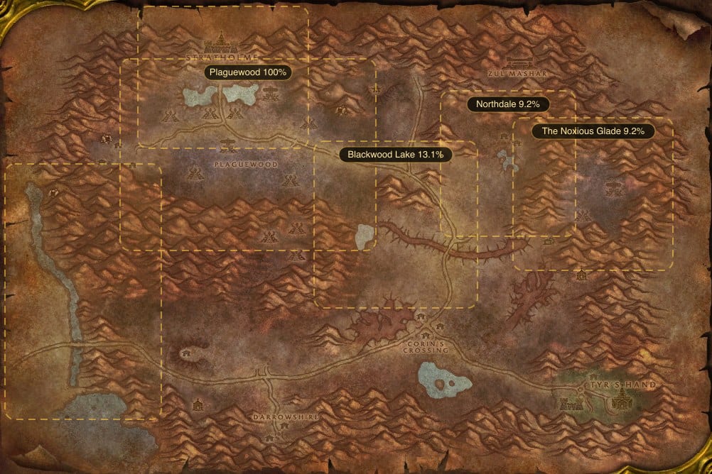 Map of Eastern Plaguelands showing where to fish Lightning Eel: 6 named stretches of water