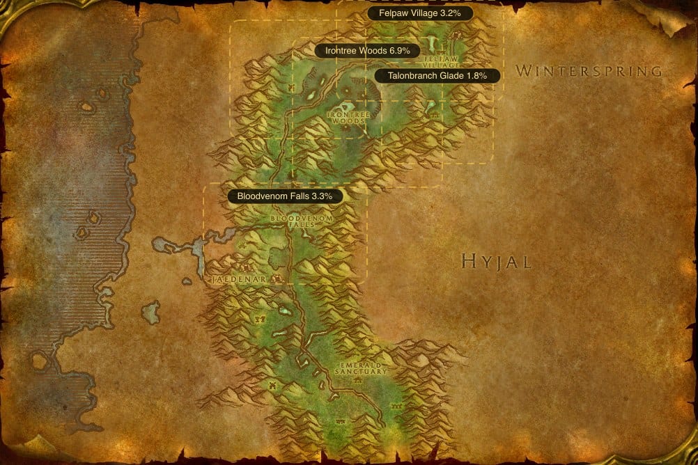 Map of Felwood showing where to fish Lightning Eel: 5 named stretches of water