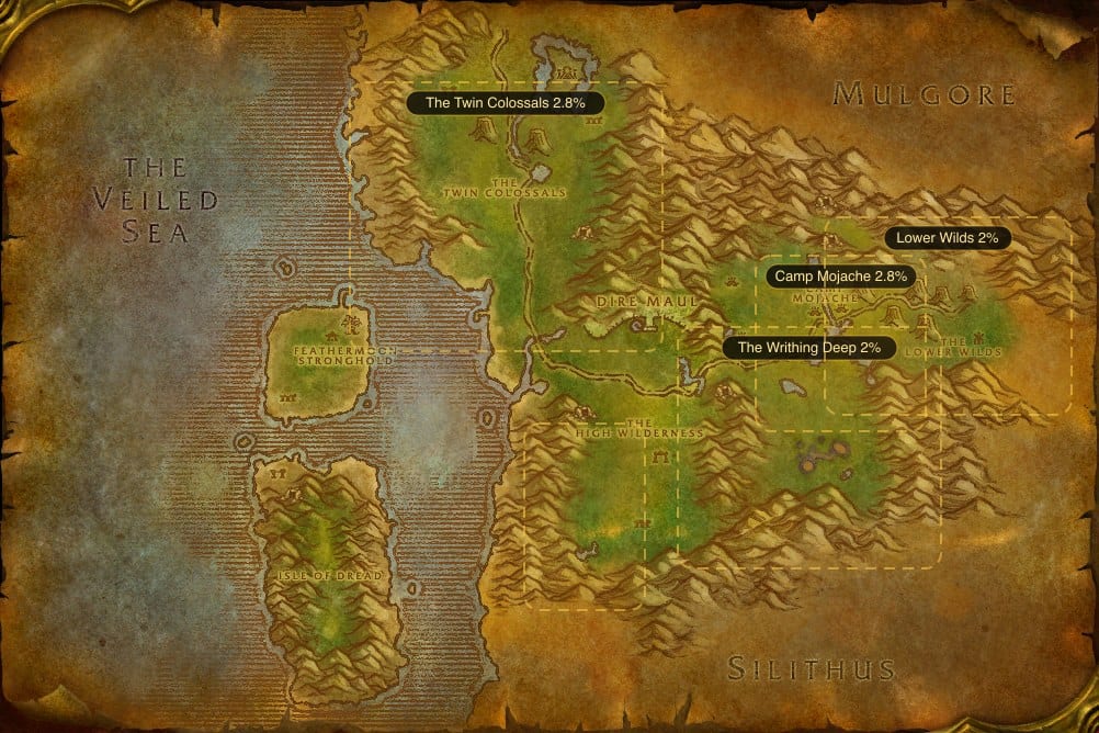 Map of Feralas showing where to fish Lightning Eel: 5 named stretches of water