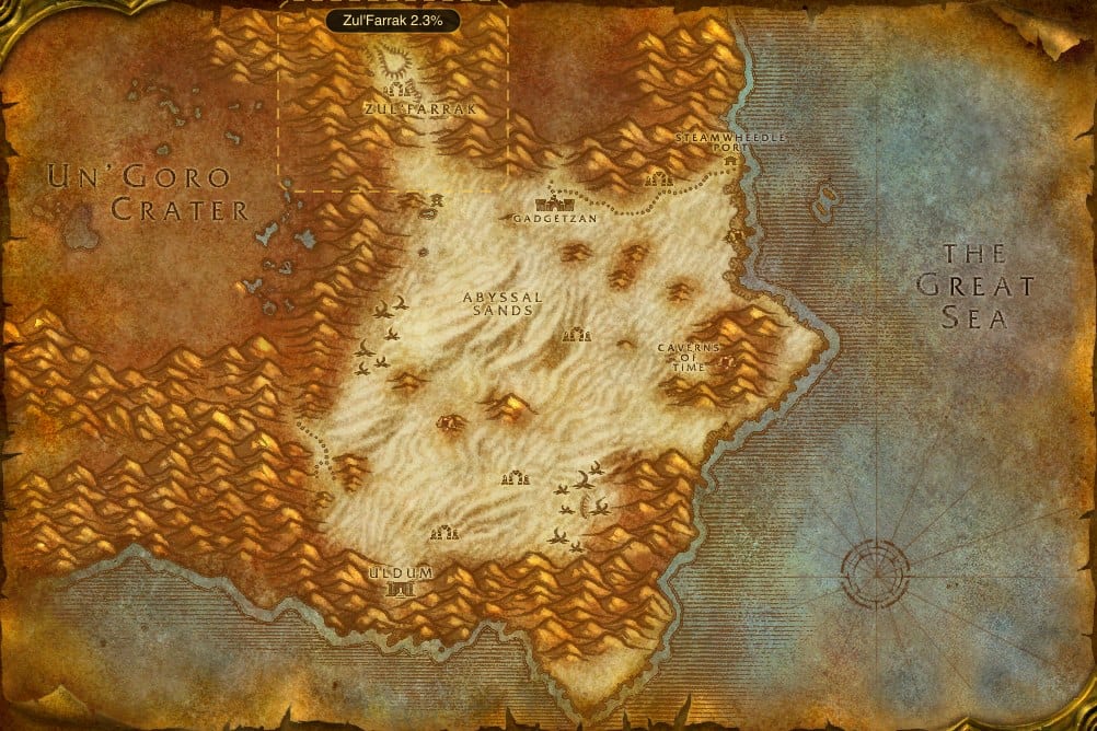 Map of Tanaris showing where to fish Lightning Eel: one named stretch of water