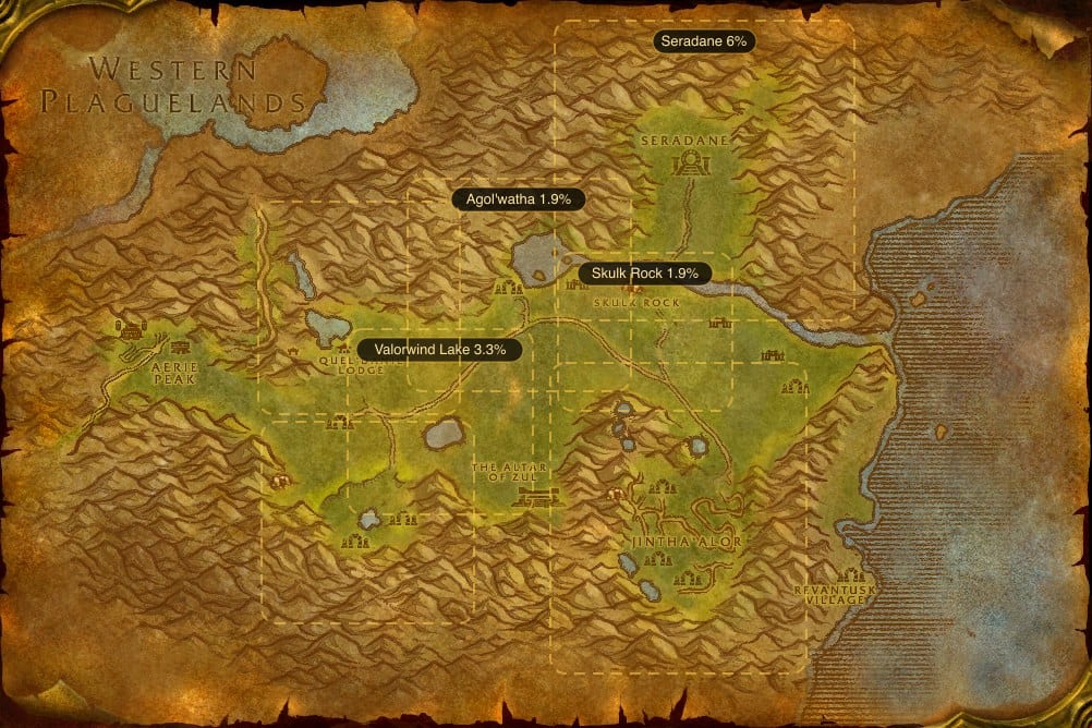 Map of The Hinterlands showing where to fish Lightning Eel: 7 named stretches of water