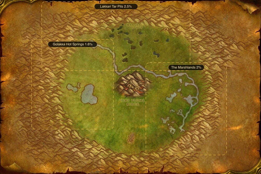 Map of Un'Goro Crater showing where to fish Lightning Eel: 3 named stretches of water