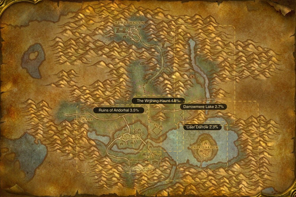 Map of Western Plaguelands showing where to fish Lightning Eel: 5 named stretches of water