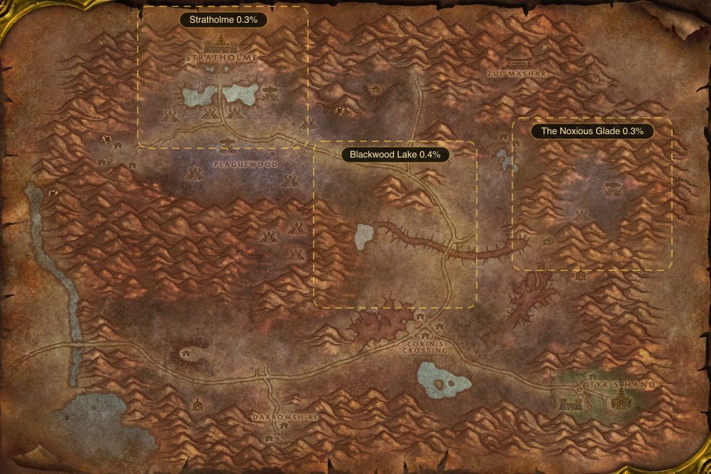 Map of Eastern Plaguelands showing where to fish Major Healing Potion: 3 named stretches of water