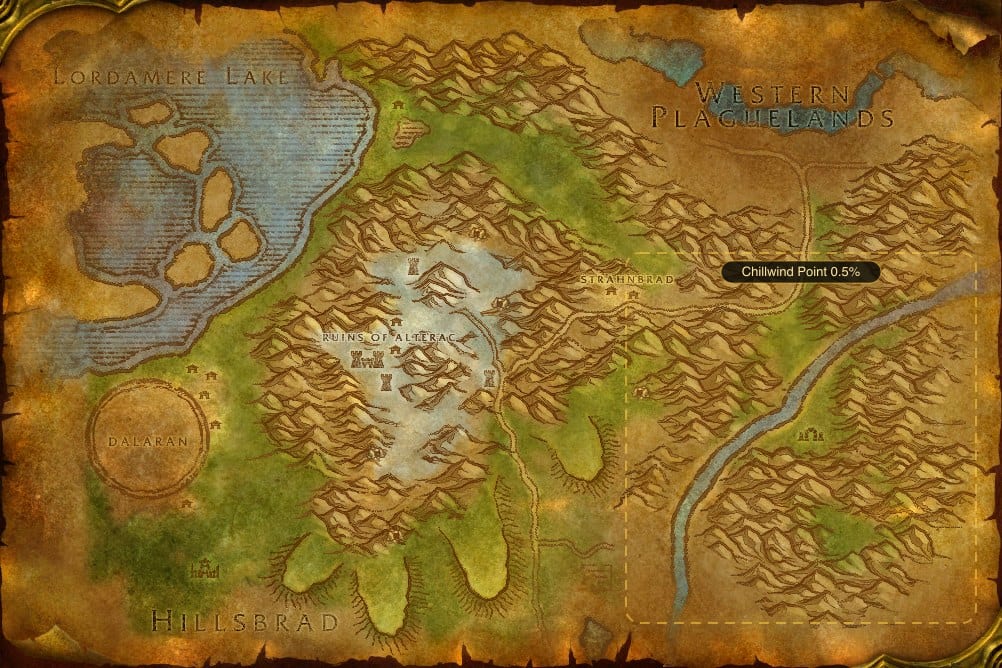 Map of Alterac Mountains showing where to fish Mana Potion: one named stretch of water