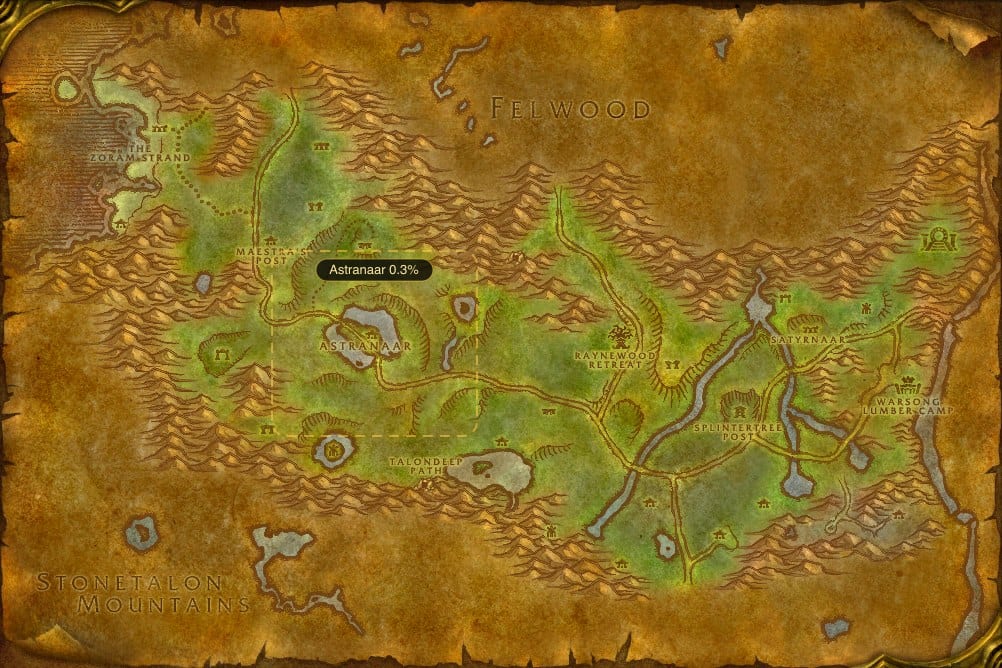 Map of Ashenvale showing where to fish Mana Potion: one named stretch of water