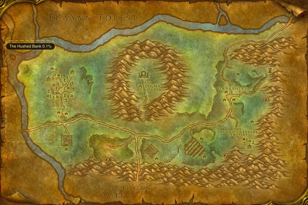 Map of Duskwood showing where to fish Mana Potion: one named stretch of water