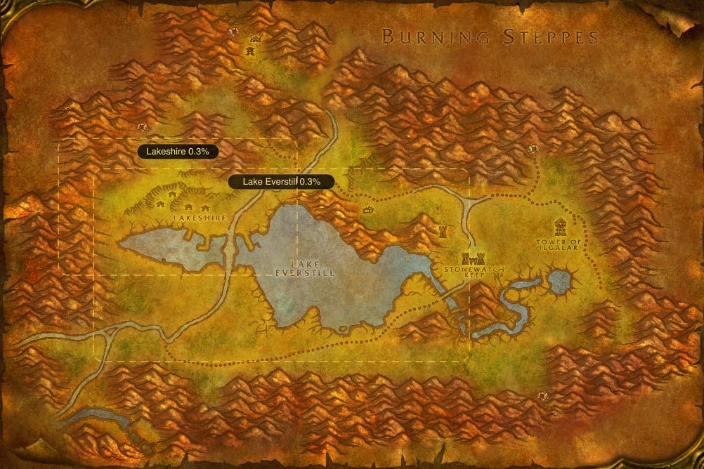 Map of Redridge Mountains showing where to fish Mana Potion: 2 named stretches of water
