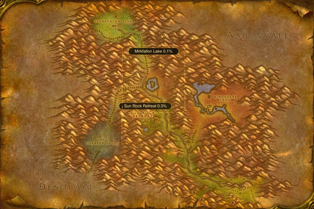 Map of Stonetalon Mountains showing where to fish Mana Potion: 2 named stretches of water