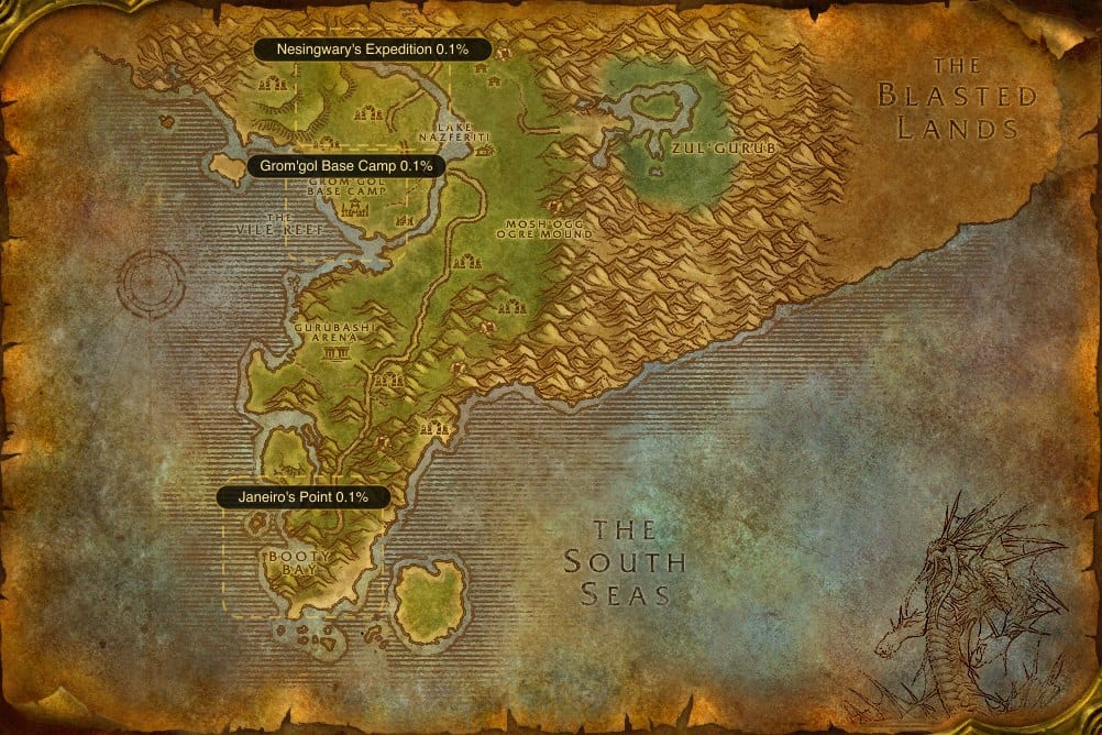 Map of Stranglethorn Vale showing where to fish Mana Potion: 3 named stretches of water