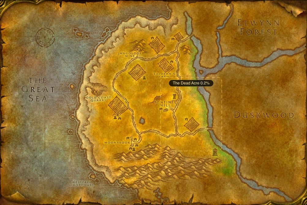 Map of Westfall showing where to fish Mana Potion: one named stretch of water