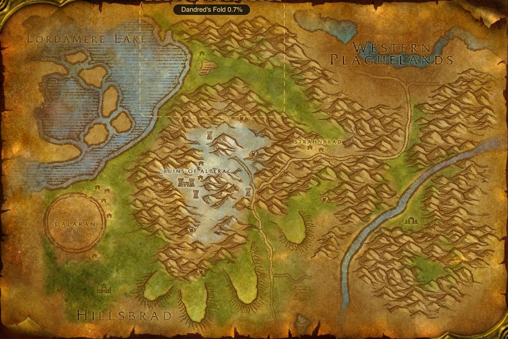 Map of Alterac Mountains showing where to fish Minor Healing Potion: one named stretch of water