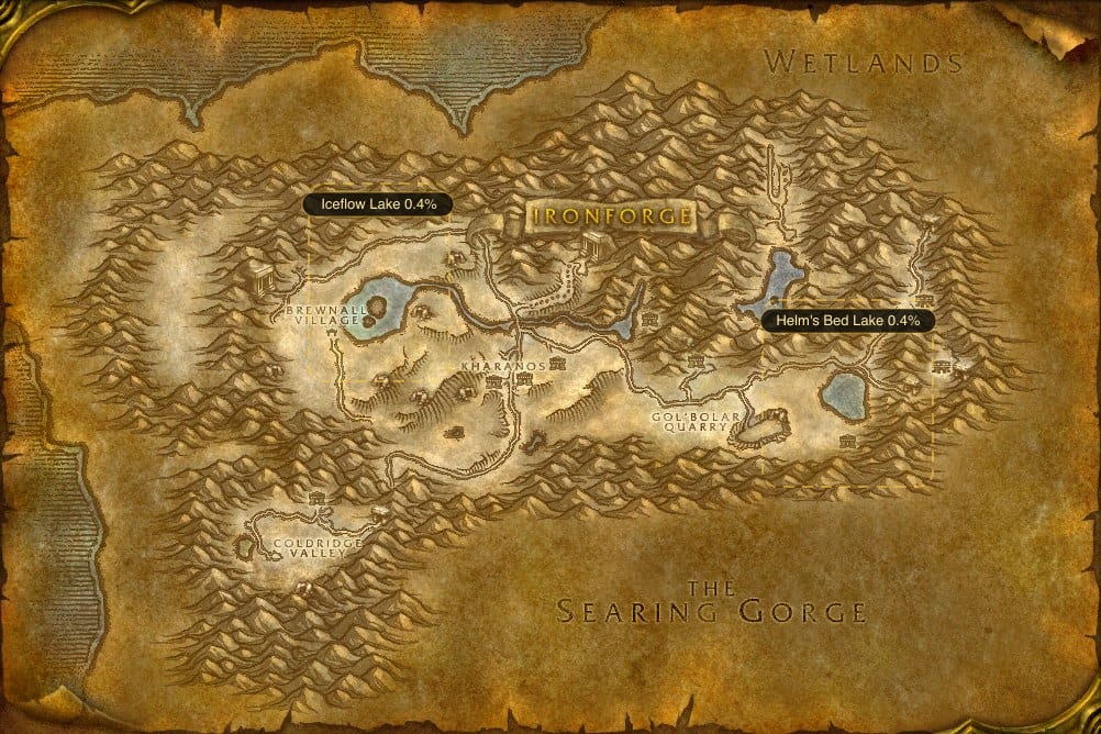 Map of Dun Morogh showing where to fish Minor Healing Potion: 2 named stretches of water