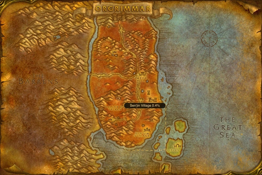 Map of Durotar showing where to fish Minor Healing Potion: one named stretch of water