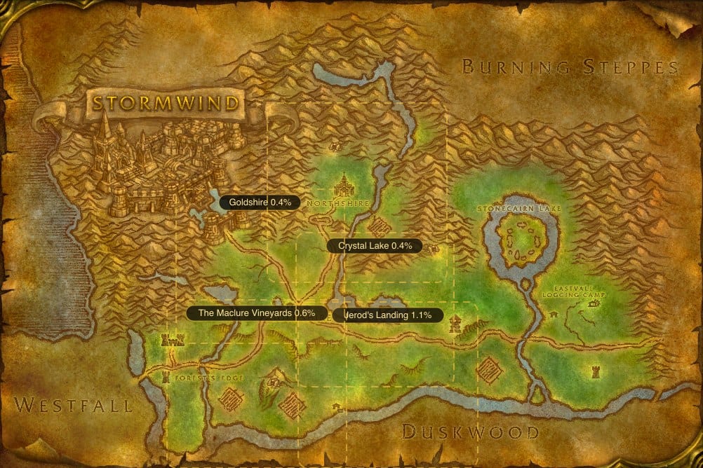 Map of Elwynn Forest showing where to fish Minor Healing Potion: 5 named stretches of water
