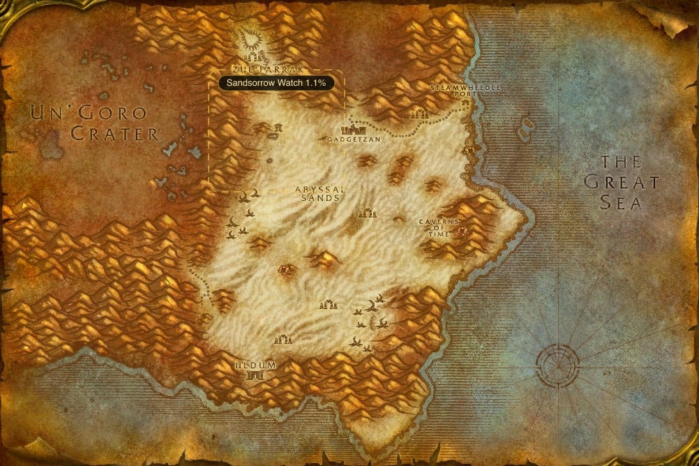 Map of Tanaris showing where to fish Minor Healing Potion: one named stretch of water