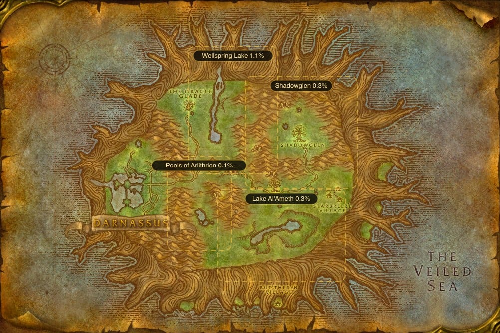 Map of Teldrassil showing where to fish Minor Healing Potion: 4 named stretches of water
