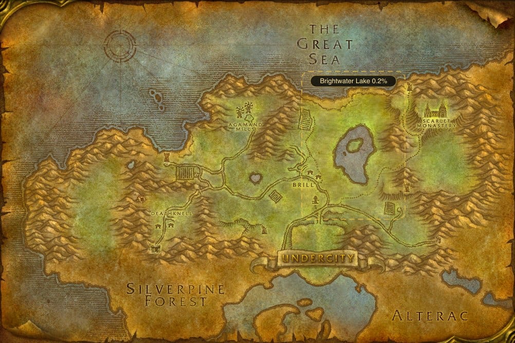 Map of Tirisfal Glades showing where to fish Minor Healing Potion: one named stretch of water