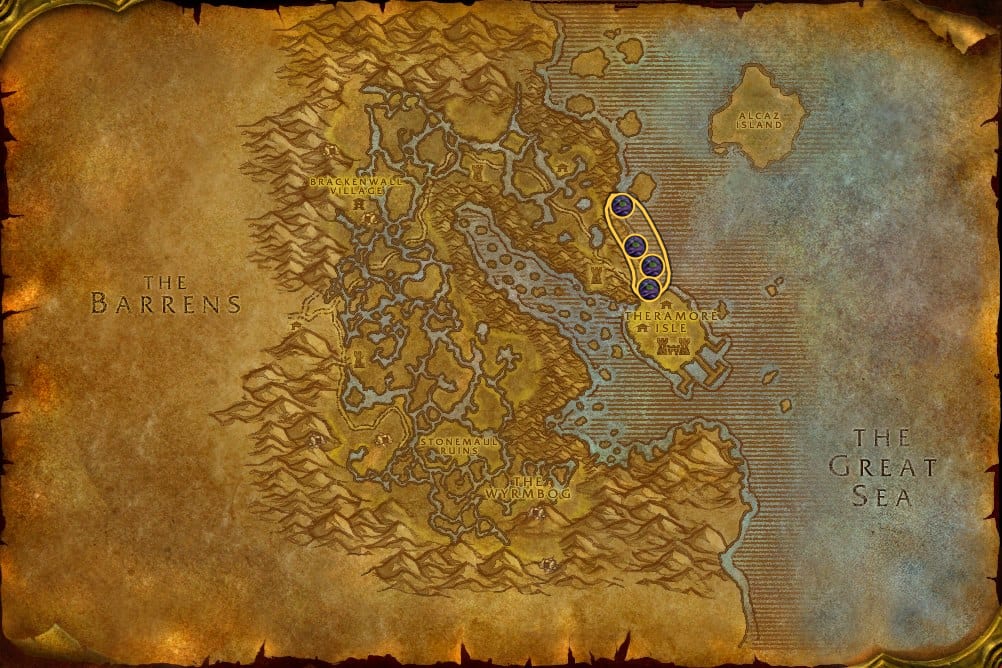 Map of Dustwallow Marsh showing where to fish Oily Blackmouth: 9 fishing pools