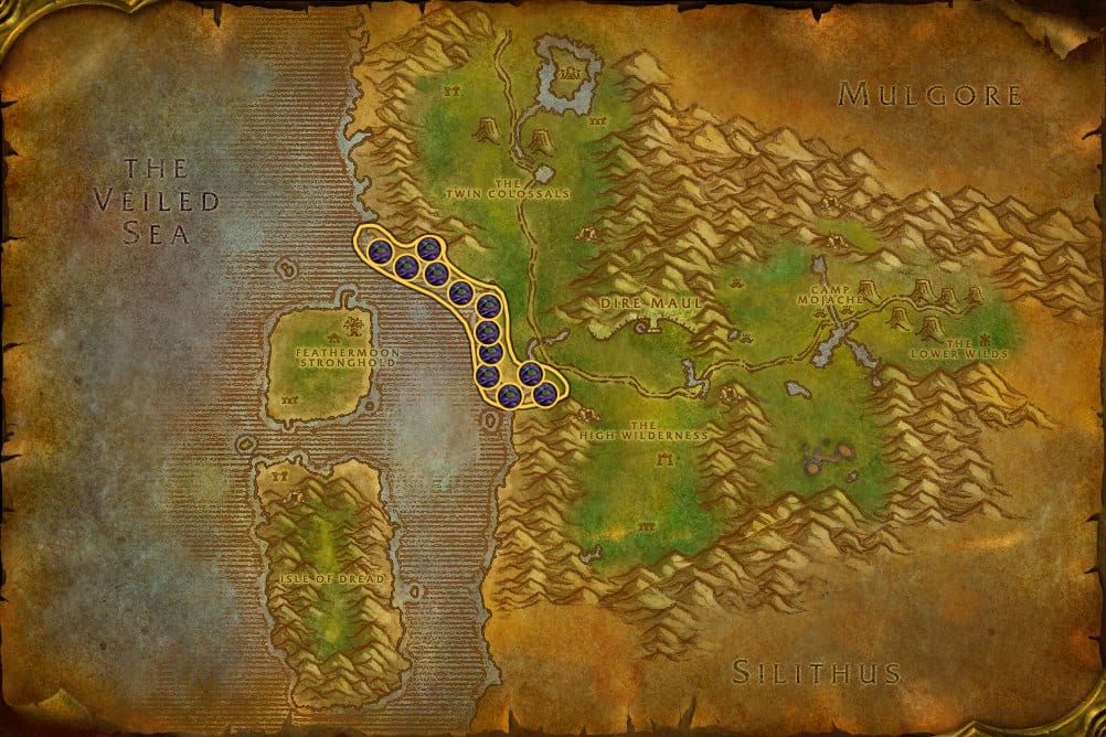 Map of Feralas showing where to fish Oily Blackmouth: 24 fishing pools