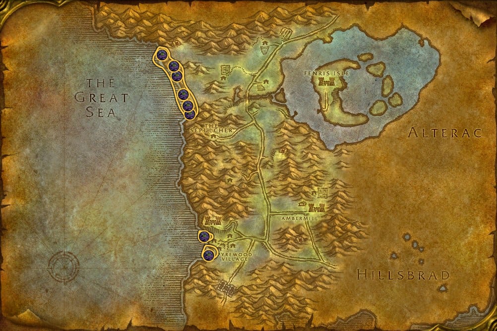 Map of Silverpine Forest showing where to fish Oily Blackmouth: 16 fishing pools