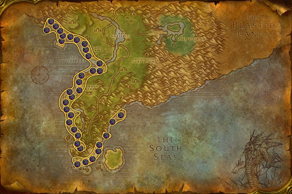 Map of Stranglethorn Vale showing where to fish Oily Blackmouth: 72 fishing pools