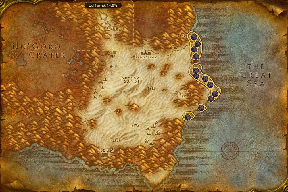 Map of Tanaris showing where to fish Oily Blackmouth: 32 fishing pools and one named stretch of water